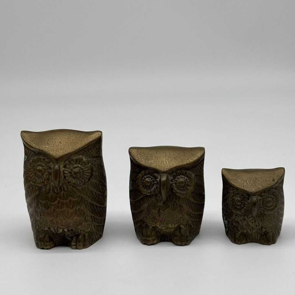 LEONARD Solid BRASS Owl Set Of 3 Figures Paperweights VINTAGE Rare Korea‎